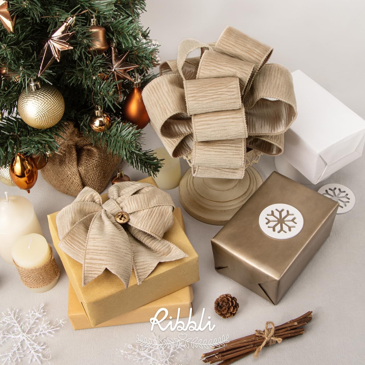 Ribbli Camel Crinkled Velvet Wired Ribbon 2.5 Inch Velvet Christmas Ribbon for Gift Wrapping Christmas Tree Decoration Crafts Wreaths Supplies-Continuous 10 Yards(Camel)