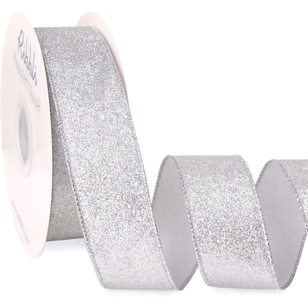 Ribbli Champagne Gold Glitter Wired Ribbon with Metallic Edge, Christmas Ribbon for Wreath, Christmas Tree Decoration, Gift Wrapping, Home Decor, 1-1/2 Inch x 20 Yards(Silver)