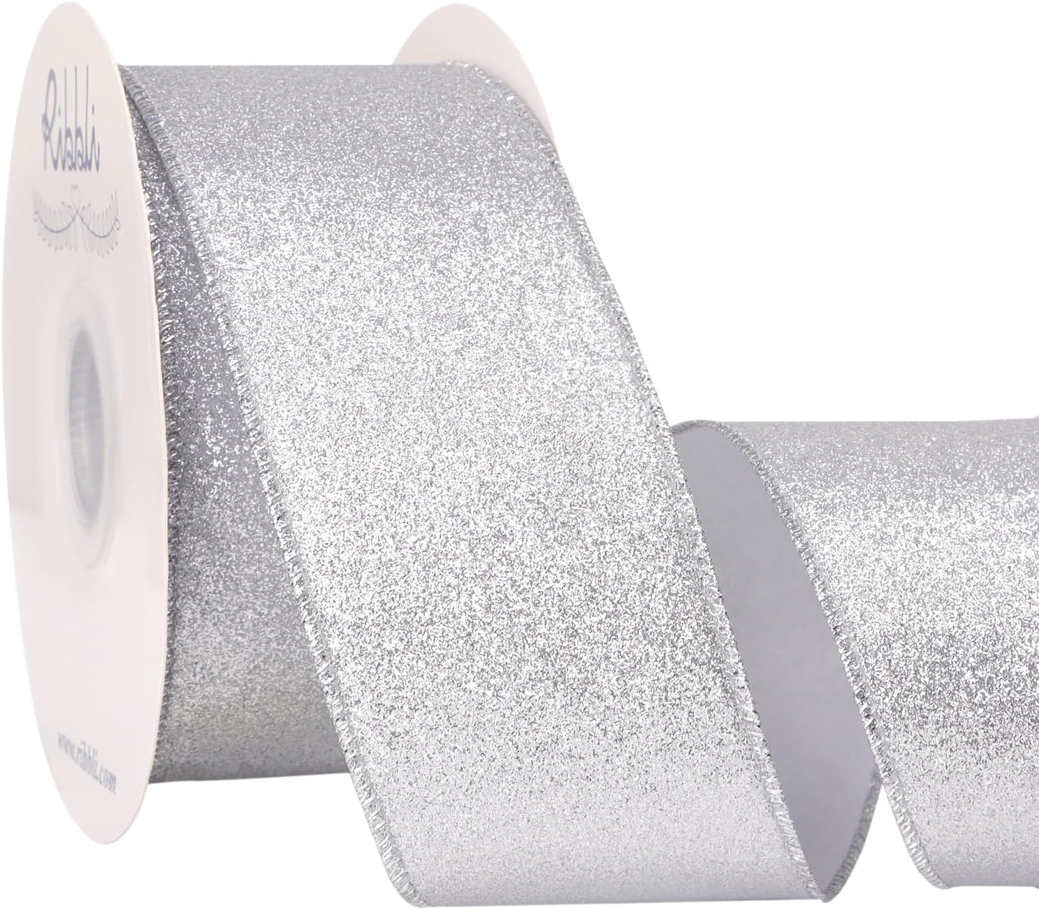 Ribbli Champagne Gold Glitter Wired Ribbon with Metallic Edge, Christmas Ribbon for Wreath, Christmas Tree Decoration, Gift Wrapping, Home Decor, 1-1/2 Inch x 20 Yards(Silver)