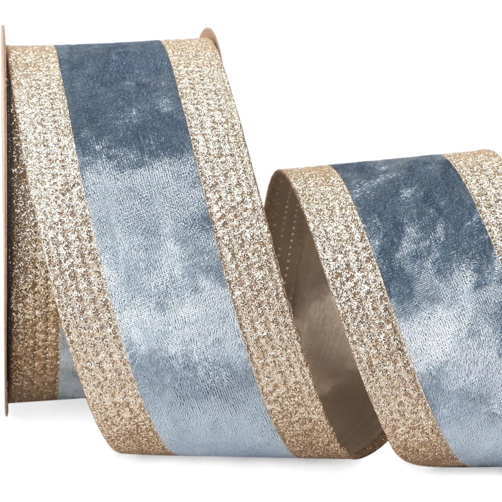 Ribbli Dusty Green Velvet Wired Ribbon with Glitter Edge 4 Inch Christmas Ribbon for Tree Gift Wrapping Wreaths Garland Topper Bows Crafts Home Decor -10 Yards(Dusty Blue)