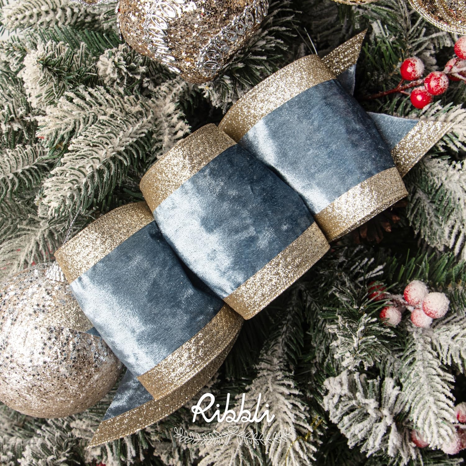 Ribbli Dusty Green Velvet Wired Ribbon with Glitter Edge 4 Inch Christmas Ribbon for Tree Gift Wrapping Wreaths Garland Topper Bows Crafts Home Decor -10 Yards(Dusty Blue)