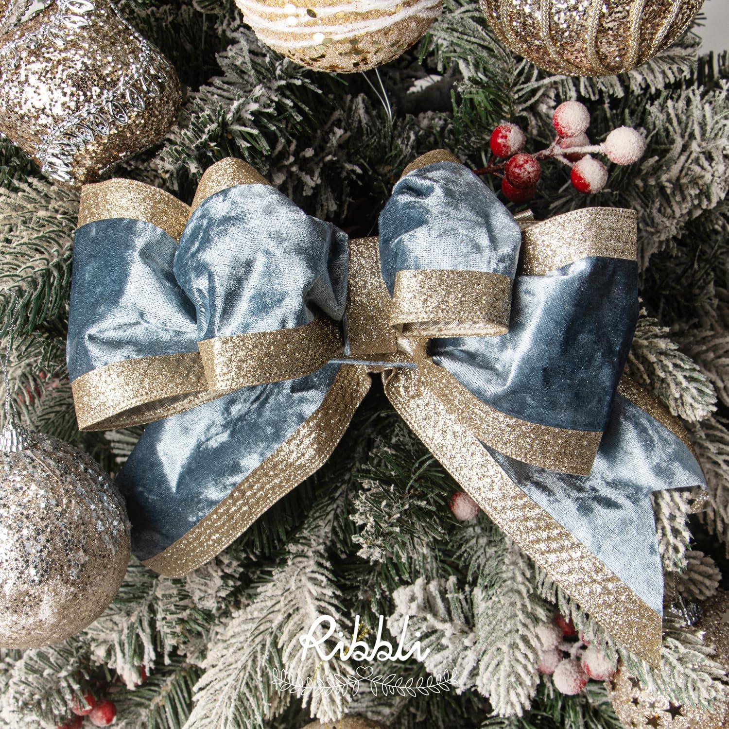Ribbli Dusty Green Velvet Wired Ribbon with Glitter Edge 4 Inch Christmas Ribbon for Tree Gift Wrapping Wreaths Garland Topper Bows Crafts Home Decor -10 Yards(Dusty Blue)