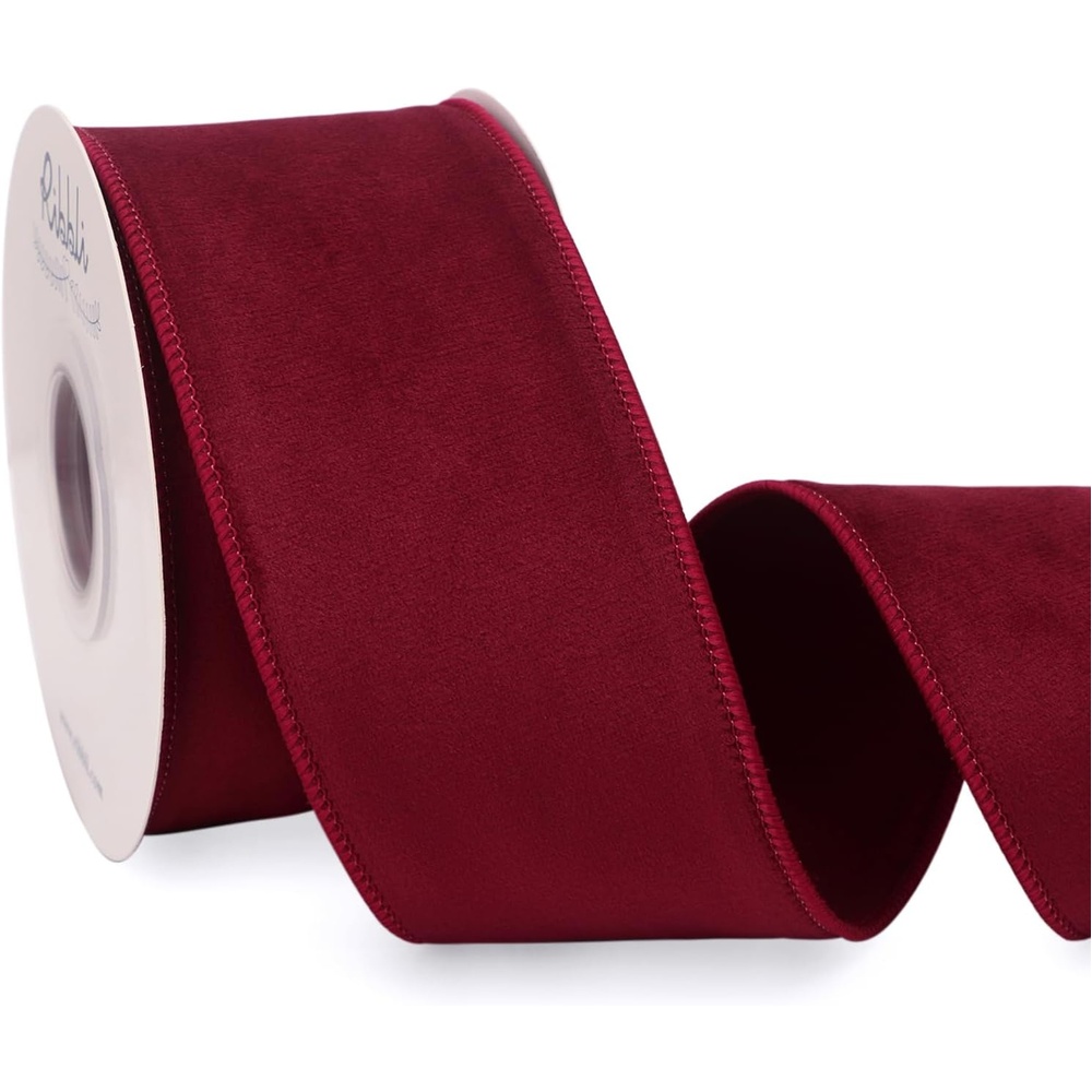 Ribbli Sage Green Velvet Wired Ribbon with Dupioni 4 Inch Christmas Ribbon for Gift Wrapping Christmas Tree Decoration Crafts Wreaths Supplies-Continuous 10 Yards(Dark Red)