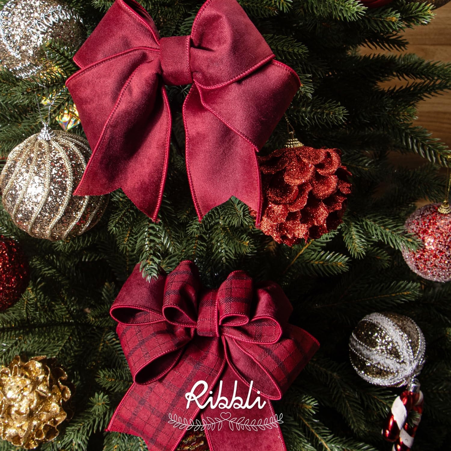 Ribbli Sage Green Velvet Wired Ribbon with Dupioni 4 Inch Christmas Ribbon for Gift Wrapping Christmas Tree Decoration Crafts Wreaths Supplies-Continuous 10 Yards(Dark Red)