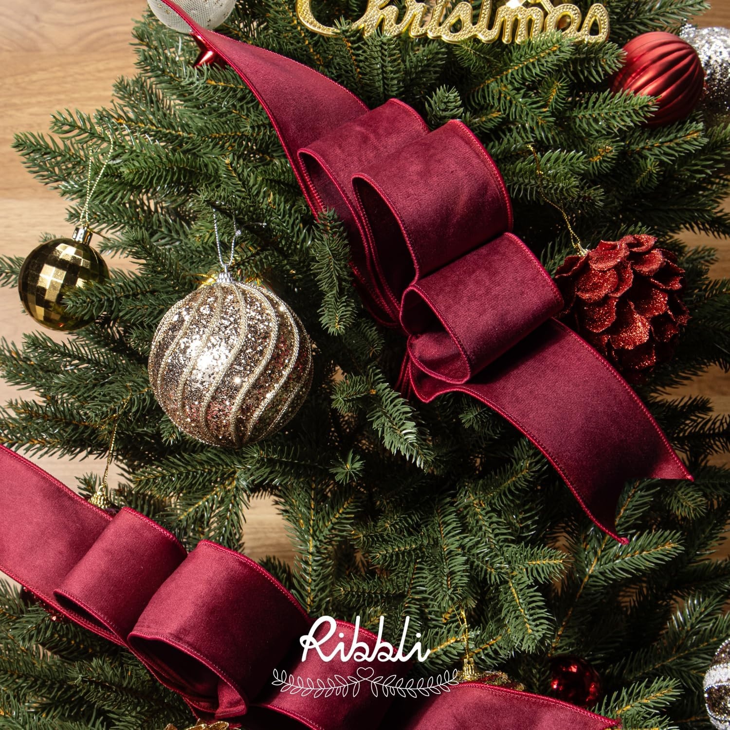 Ribbli Sage Green Velvet Wired Ribbon with Dupioni 4 Inch Christmas Ribbon for Gift Wrapping Christmas Tree Decoration Crafts Wreaths Supplies-Continuous 10 Yards(Dark Red)