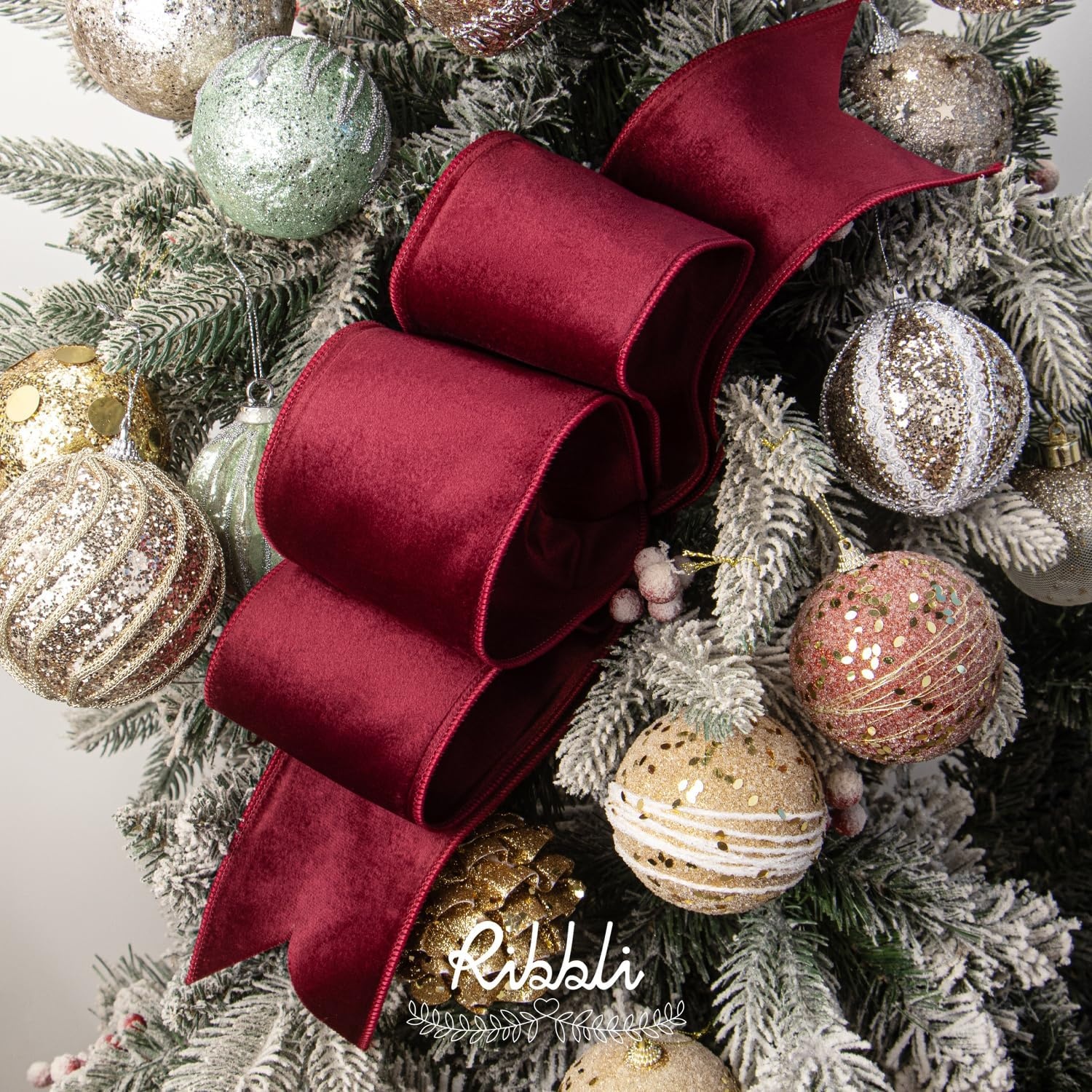 Ribbli Sage Green Velvet Wired Ribbon with Dupioni 4 Inch Christmas Ribbon for Gift Wrapping Christmas Tree Decoration Crafts Wreaths Supplies-Continuous 10 Yards(Dark Red)