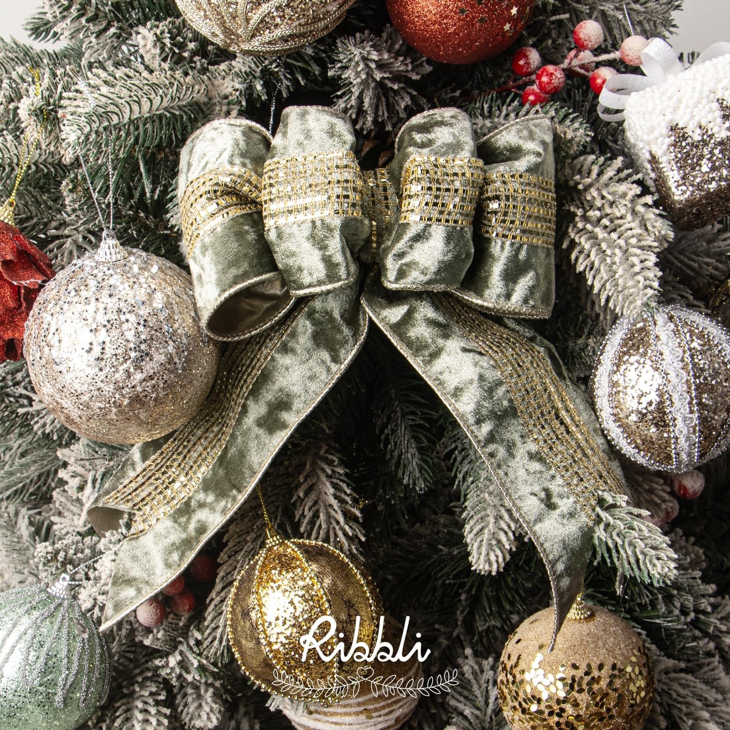 Ribbli Burgundy Velvet Wired Ribbon with Luxurious Glittering Stripe 4 Inch Christmas Ribbon for Tree Gift Wrapping Wreaths Garland Topper Bows Crafts Home Decor -10 Yards(Dusty Green)
