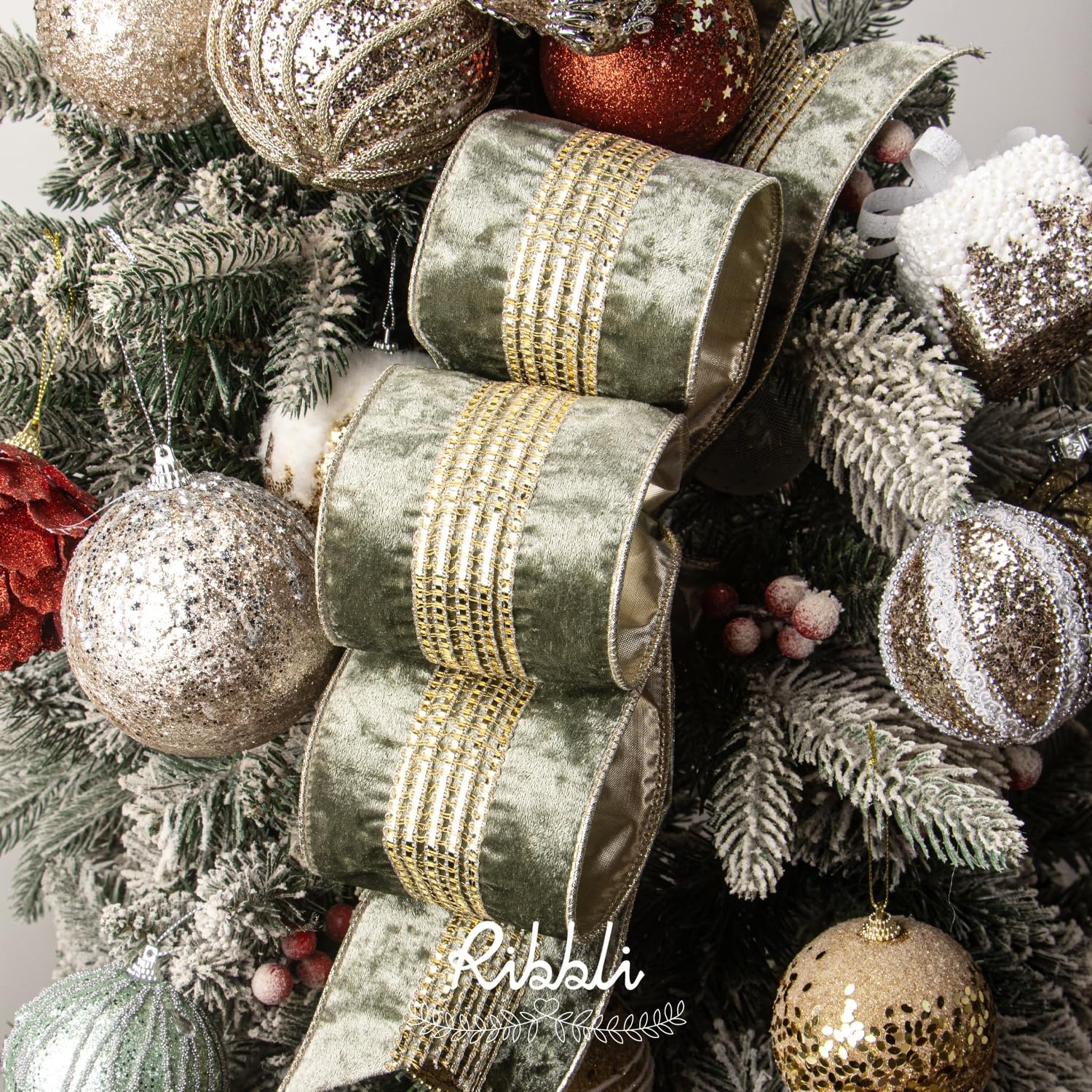Ribbli Burgundy Velvet Wired Ribbon with Luxurious Glittering Stripe 4 Inch Christmas Ribbon for Tree Gift Wrapping Wreaths Garland Topper Bows Crafts Home Decor -10 Yards(Dusty Green)