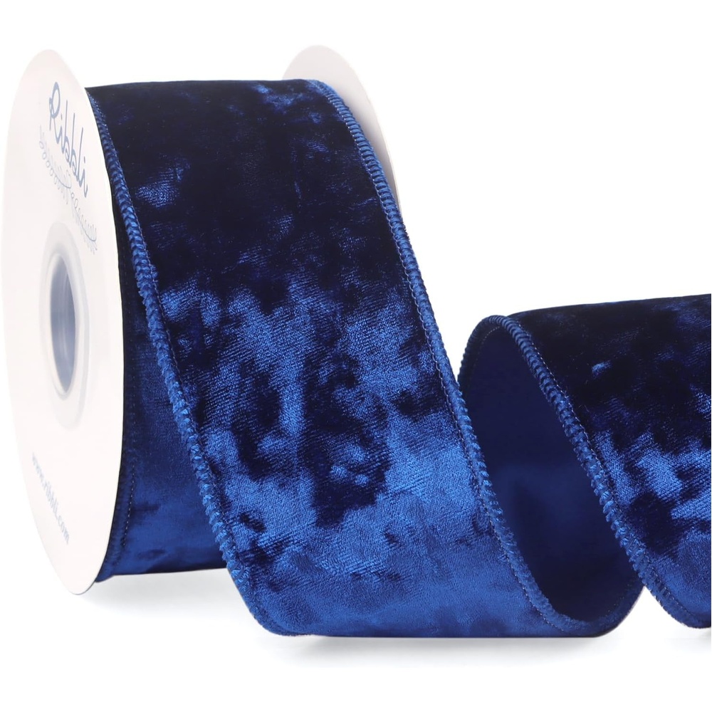 Ribbli Royal Blue Velvet Wired Ribbon 4 Inch Crushed Velvet Christmas Ribbon for Gift Wrapping Christmas Tree Decoration Crafts Wreaths Supplies-Continuous 10 Yards(Royal Blue)