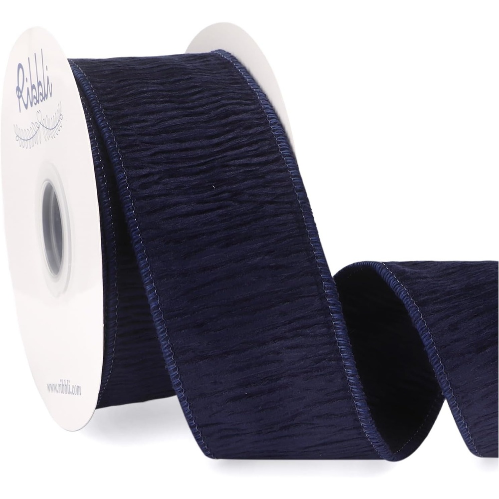 Ribbli Camel Crinkled Velvet Wired Ribbon 2.5 Inch Velvet Christmas Ribbon for Gift Wrapping Christmas Tree Decoration Crafts Wreaths Supplies-Continuous 10 Yards(Navy)