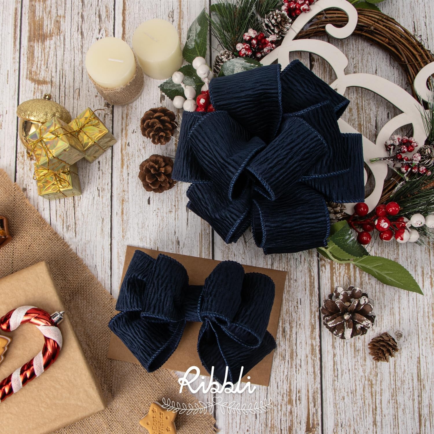 Ribbli Camel Crinkled Velvet Wired Ribbon 2.5 Inch Velvet Christmas Ribbon for Gift Wrapping Christmas Tree Decoration Crafts Wreaths Supplies-Continuous 10 Yards(Navy)