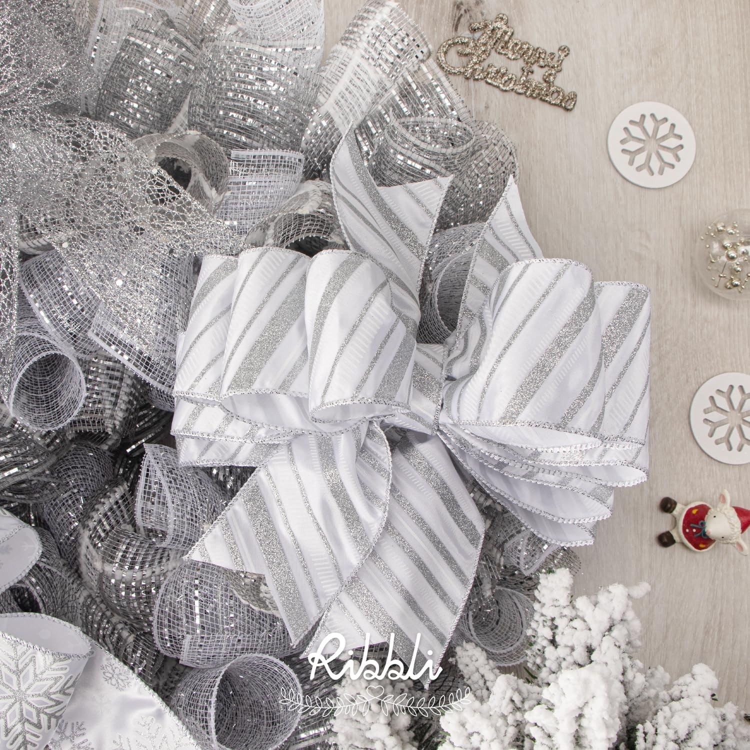 Ribbli Christmas Tree Decor, Metallic Mesh Ribbon, 10 in x 30 ft (10 Yards), Red with Wide Foil, for Wreaths & Trees(Grey/Silver/White)