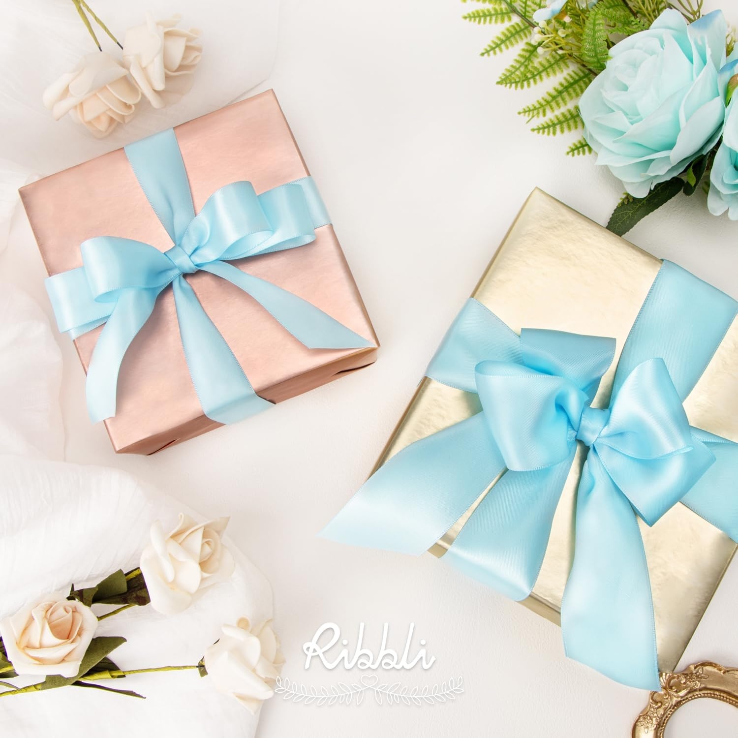 Ribbli Double Faced Rose Gold Satin Ribbon,3/8 x Continuous 25 Yards,Use for Bows Bouquet,Gift Wrapping,Floral Arrangement(Blue Light)