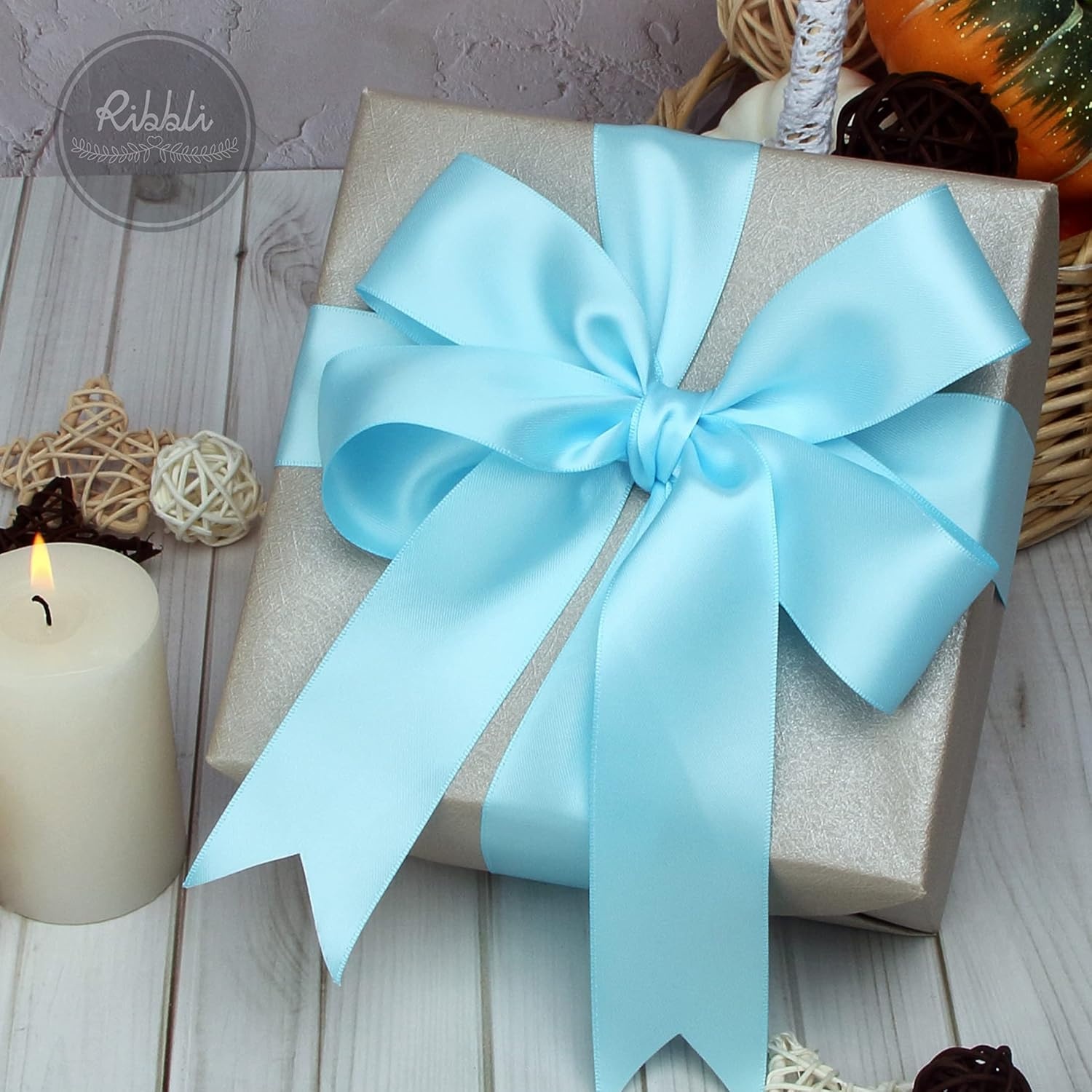 Ribbli Double Faced Rose Gold Satin Ribbon,3/8 x Continuous 25 Yards,Use for Bows Bouquet,Gift Wrapping,Floral Arrangement(Blue Light)
