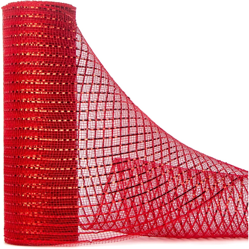 Ribbli Christmas Tree Decor, Metallic Mesh Ribbon, 10 in x 30 ft (10 Yards), Red with Wide Foil, for Wreaths & Trees(Red)
