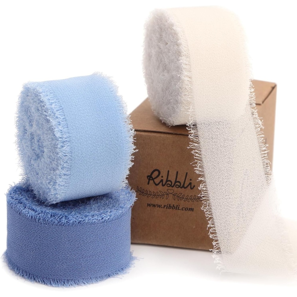 Ribbli Creamy Sage Ribbon 1 Inch x 3 Rolls Total 24 Yards Light Green Handmade Fringe Chiffon Silk Ribbon for Wrapping Wedding Invitations Bridal Bouquets DIY Crafts Home Decor(Cream/Blue/Dusty Blue)