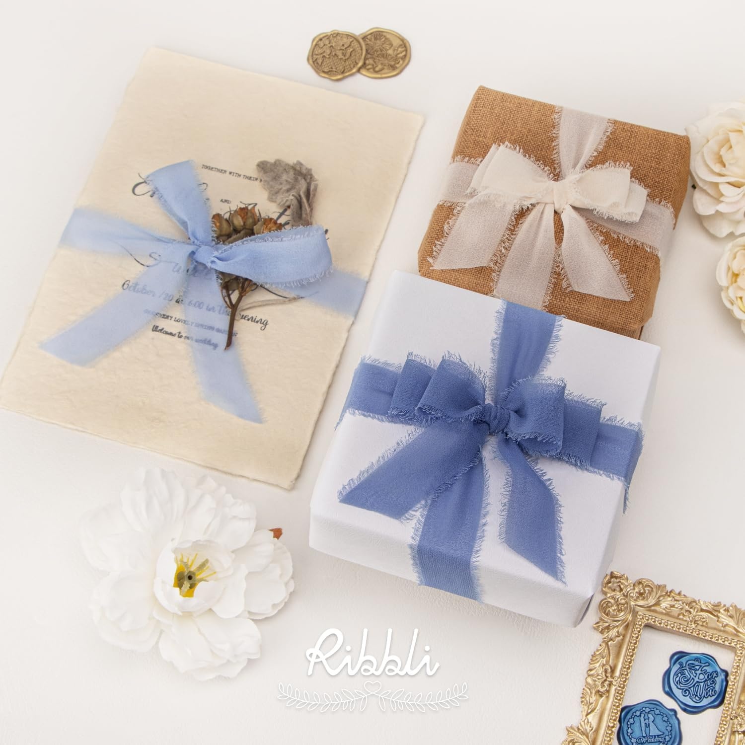 Ribbli Creamy Sage Ribbon 1 Inch x 3 Rolls Total 24 Yards Light Green Handmade Fringe Chiffon Silk Ribbon for Wrapping Wedding Invitations Bridal Bouquets DIY Crafts Home Decor(Cream/Blue/Dusty Blue)