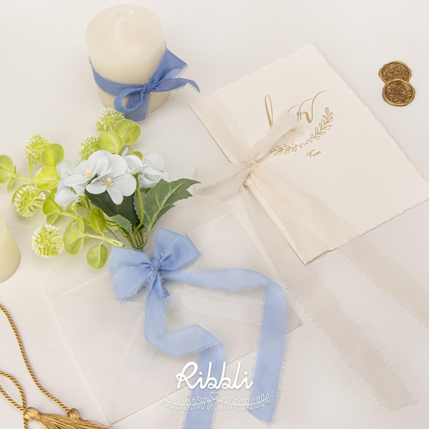 Ribbli Creamy Sage Ribbon 1 Inch x 3 Rolls Total 24 Yards Light Green Handmade Fringe Chiffon Silk Ribbon for Wrapping Wedding Invitations Bridal Bouquets DIY Crafts Home Decor(Cream/Blue/Dusty Blue)