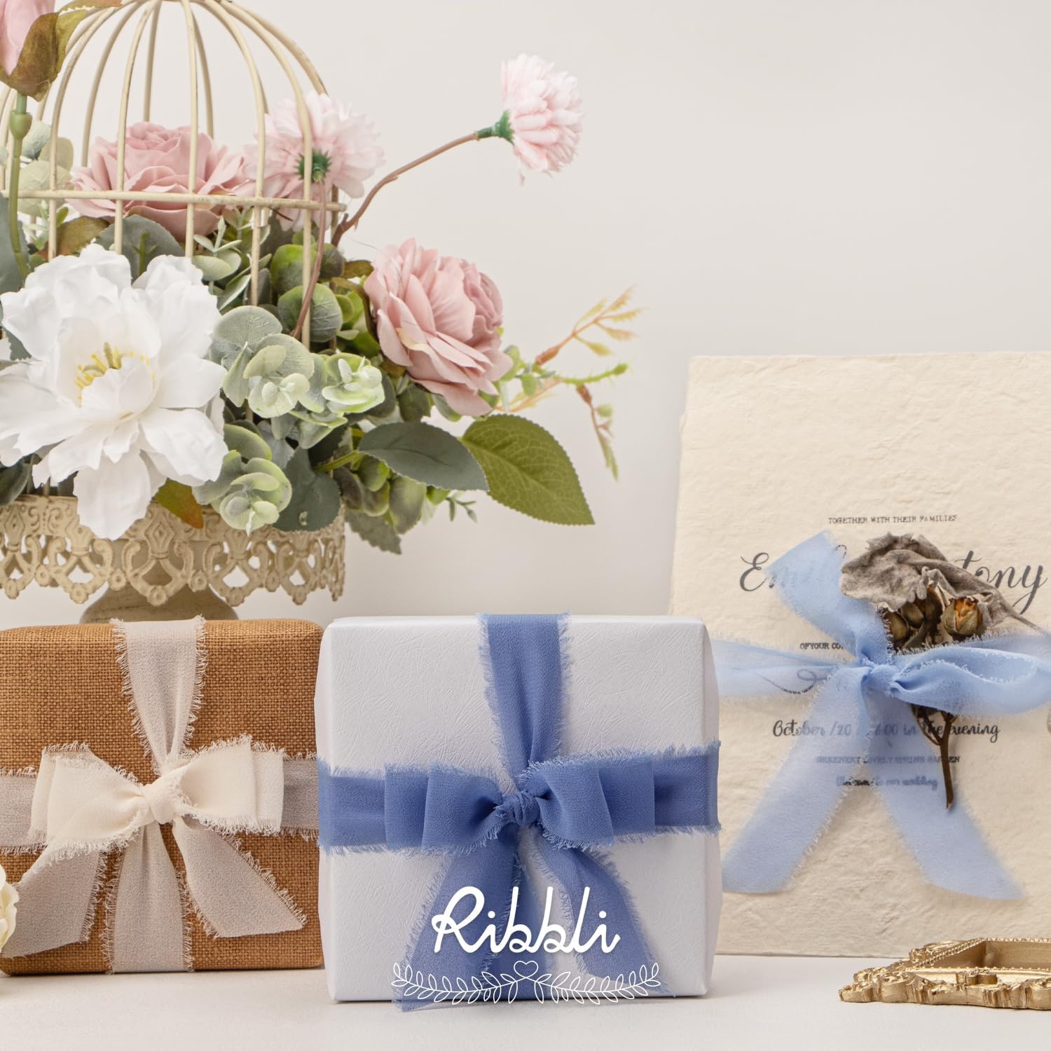 Ribbli Creamy Sage Ribbon 1 Inch x 3 Rolls Total 24 Yards Light Green Handmade Fringe Chiffon Silk Ribbon for Wrapping Wedding Invitations Bridal Bouquets DIY Crafts Home Decor(Cream/Blue/Dusty Blue)