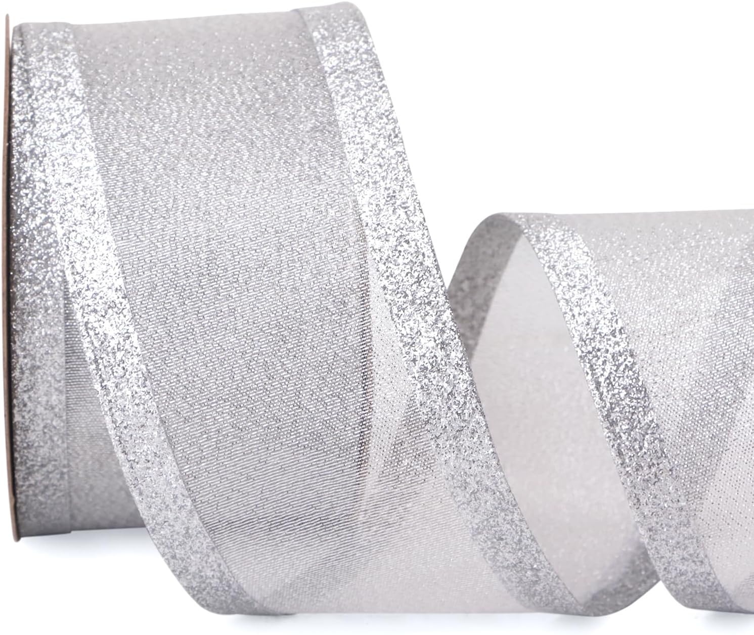 Ribbli Pink Christmas Wired Ribbon, Metallic Wired Ribbon with Glitter Edge 1-1/2 Inch x 10 Yard for Christmas Tree Decoration, Gift Wrapping, Wreaths Supplies, Swag, Holiday Decor(Silver)