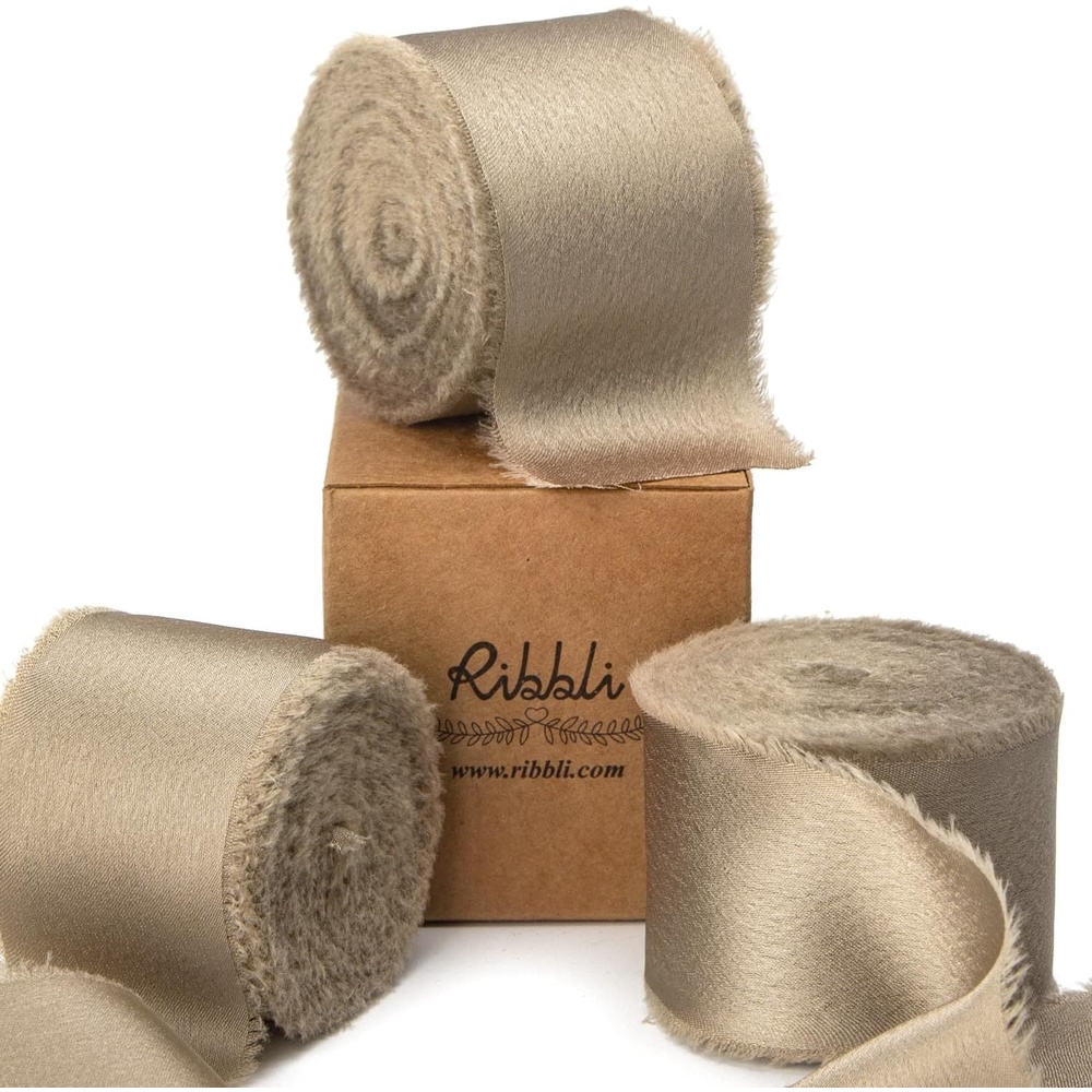 Ribbli Terracotta Silk Satin Ribbon 1.5 Inch x 30 Yard Handmade Frayed Chiffon Burnt Orange Ribbon for Gift Wrapping Wedding Invitations Bridal Bouquets Home Decor(Champagne Gold)