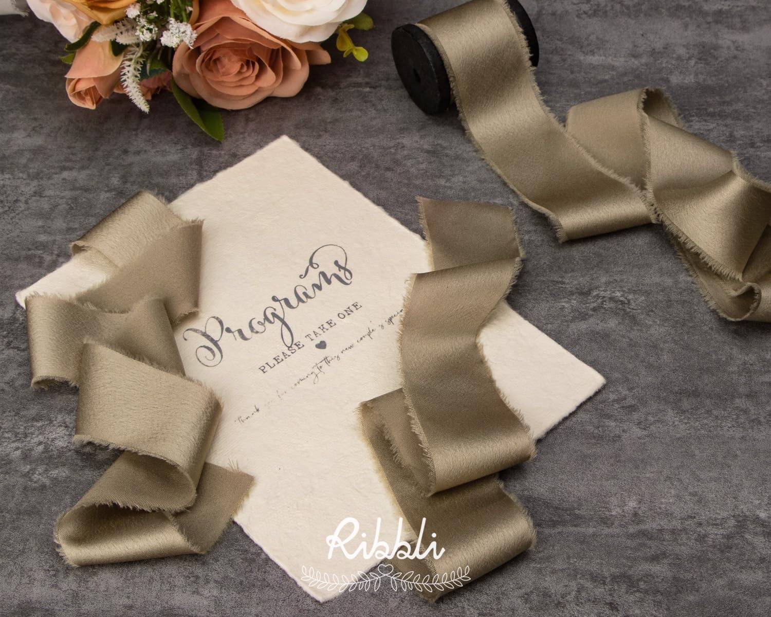Ribbli Terracotta Silk Satin Ribbon 1.5 Inch x 30 Yard Handmade Frayed Chiffon Burnt Orange Ribbon for Gift Wrapping Wedding Invitations Bridal Bouquets Home Decor(Champagne Gold)