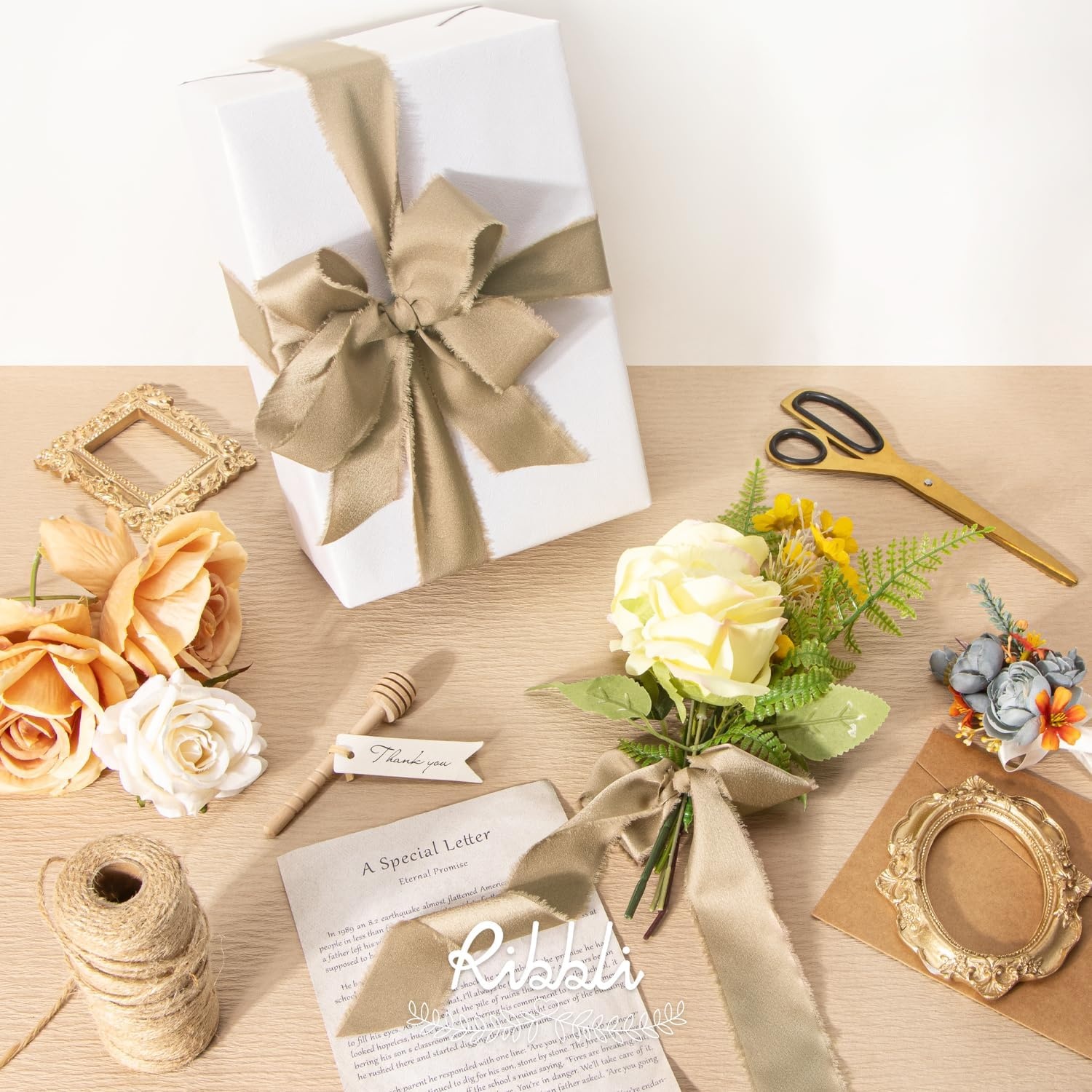 Ribbli Terracotta Silk Satin Ribbon 1.5 Inch x 30 Yard Handmade Frayed Chiffon Burnt Orange Ribbon for Gift Wrapping Wedding Invitations Bridal Bouquets Home Decor(Champagne Gold)
