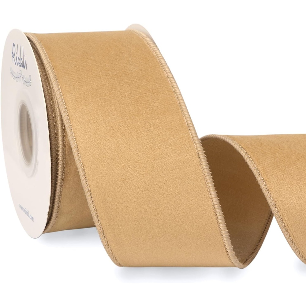 Ribbli Sage Green Velvet Wired Ribbon with Dupioni 4 Inch Christmas Ribbon for Gift Wrapping Christmas Tree Decoration Crafts Wreaths Supplies-Continuous 10 Yards(Champagne Gold)