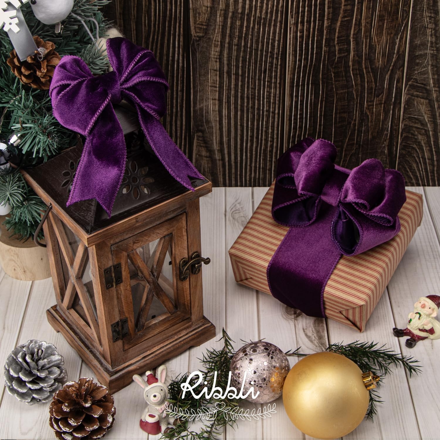 Ribbli Dusty Green Velvet Wired Ribbon 4 Inch Sage Velvet with Satin Christmas Ribbon for Gift Wrapping Christmas Tree Decoration Crafts Wreaths Supplies-Continuous 10 Yards(Purple)
