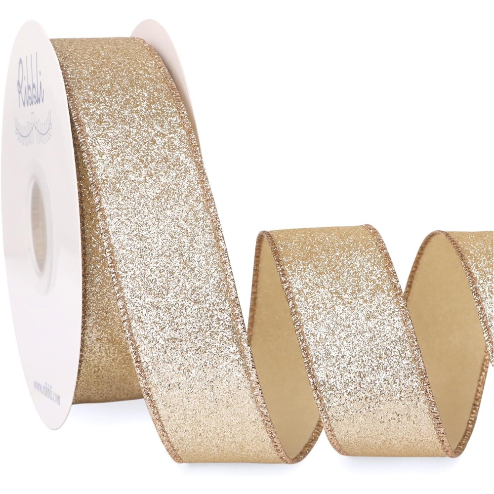 Ribbli Champagne Gold Glitter Wired Ribbon with Metallic Edge, Christmas Ribbon for Wreath, Christmas Tree Decoration, Gift Wrapping, Home Decor, 1-1/2 Inch x 20 Yards(Champagne Gold)