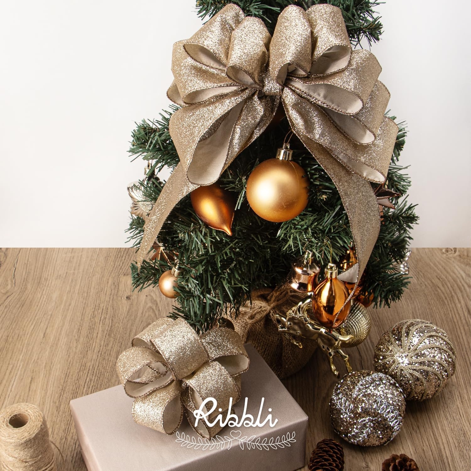Ribbli Champagne Gold Glitter Wired Ribbon with Metallic Edge, Christmas Ribbon for Wreath, Christmas Tree Decoration, Gift Wrapping, Home Decor, 1-1/2 Inch x 20 Yards(Champagne Gold)