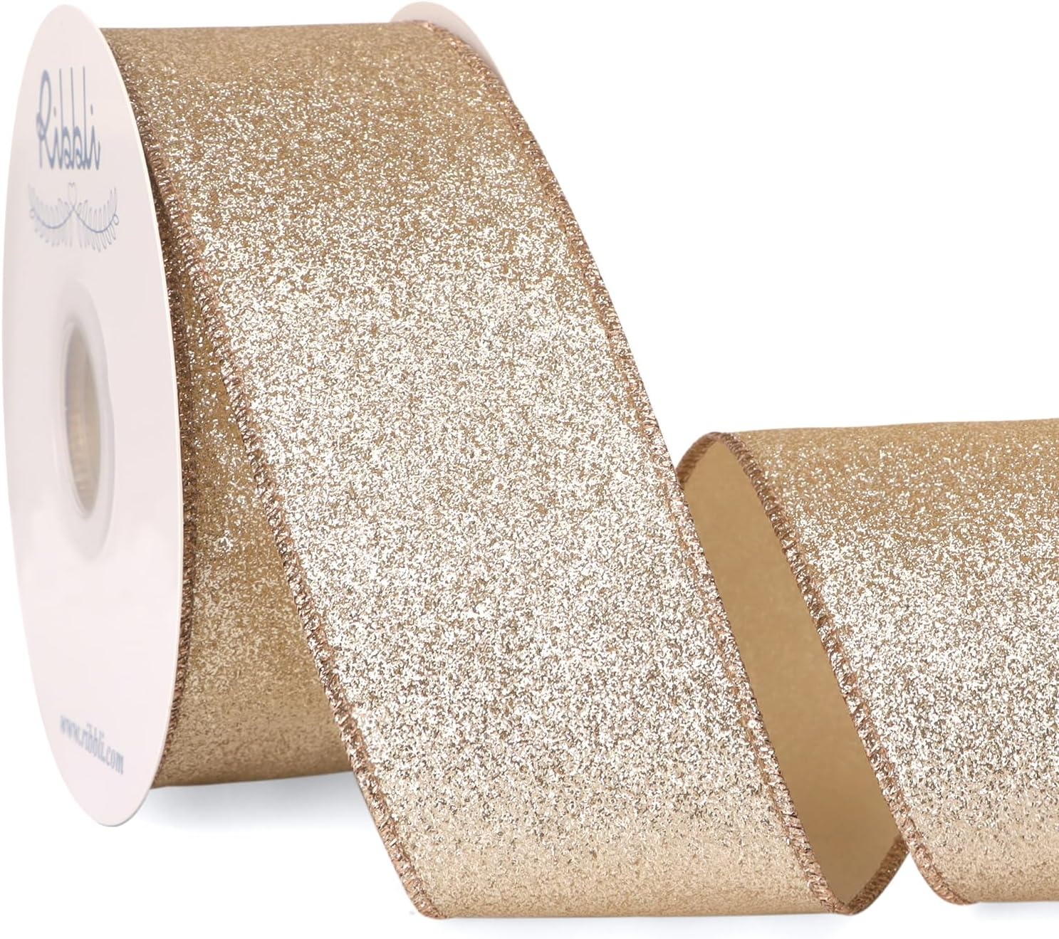 Ribbli Champagne Gold Glitter Wired Ribbon with Metallic Edge, Christmas Ribbon for Wreath, Christmas Tree Decoration, Gift Wrapping, Home Decor, 1-1/2 Inch x 20 Yards(Champagne Gold)