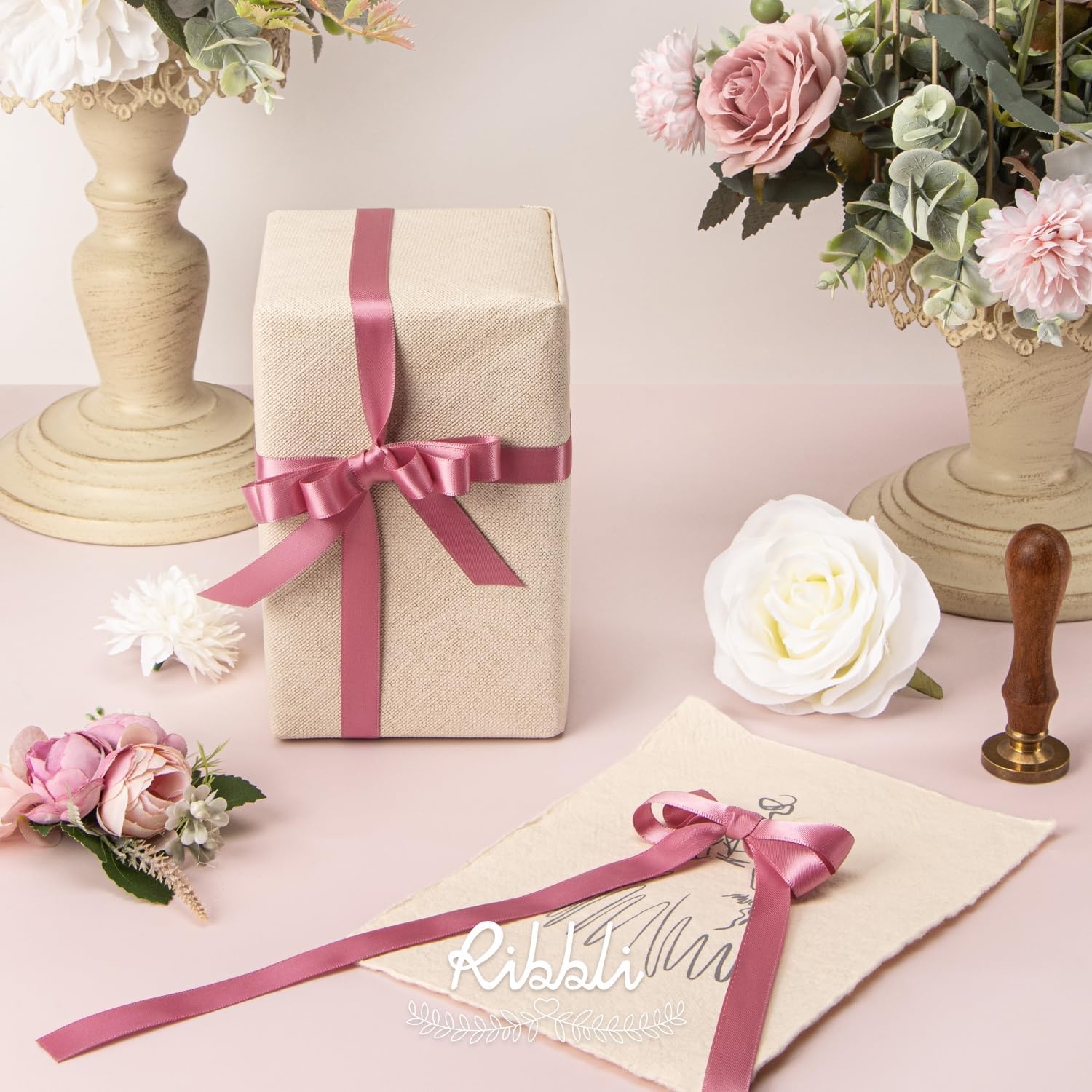 Ribbli Dusty Sage Satin Ribbon Double Faced Satin 1/2 inch x Continuous 50 Yards-Spring Moss Ribbon for Gift Wrapping Crafts Wedding Decoration Bows Bouquet Floral Arrangement(Rosy Mauve)