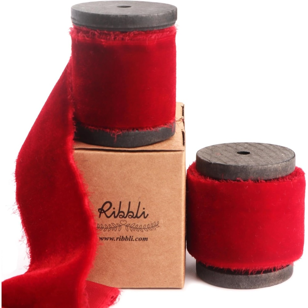 Ribbli Burgundy Velvet Ribbon 1.5 Inch Handmade Frayed Vintage Christmas Ribbon for Gift Wrapping Christmas Tree Ornament Wreath Craft Home Decor -Total 3 Yards with Wooden Spool(Red)