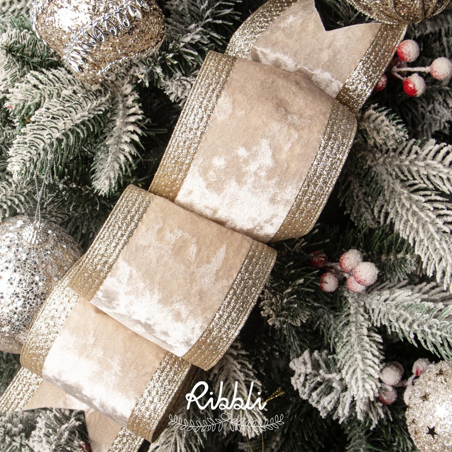 Ribbli Dusty Green Velvet Wired Ribbon with Glitter Edge 4 Inch Christmas Ribbon for Tree Gift Wrapping Wreaths Garland Topper Bows Crafts Home Decor -10 Yards(Champagne)