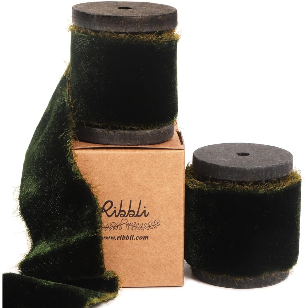 Ribbli Burgundy Velvet Ribbon 1.5 Inch Handmade Frayed Vintage Christmas Ribbon for Gift Wrapping Christmas Tree Ornament Wreath Craft Home Decor -Total 3 Yards with Wooden Spool(Dark Moss)
