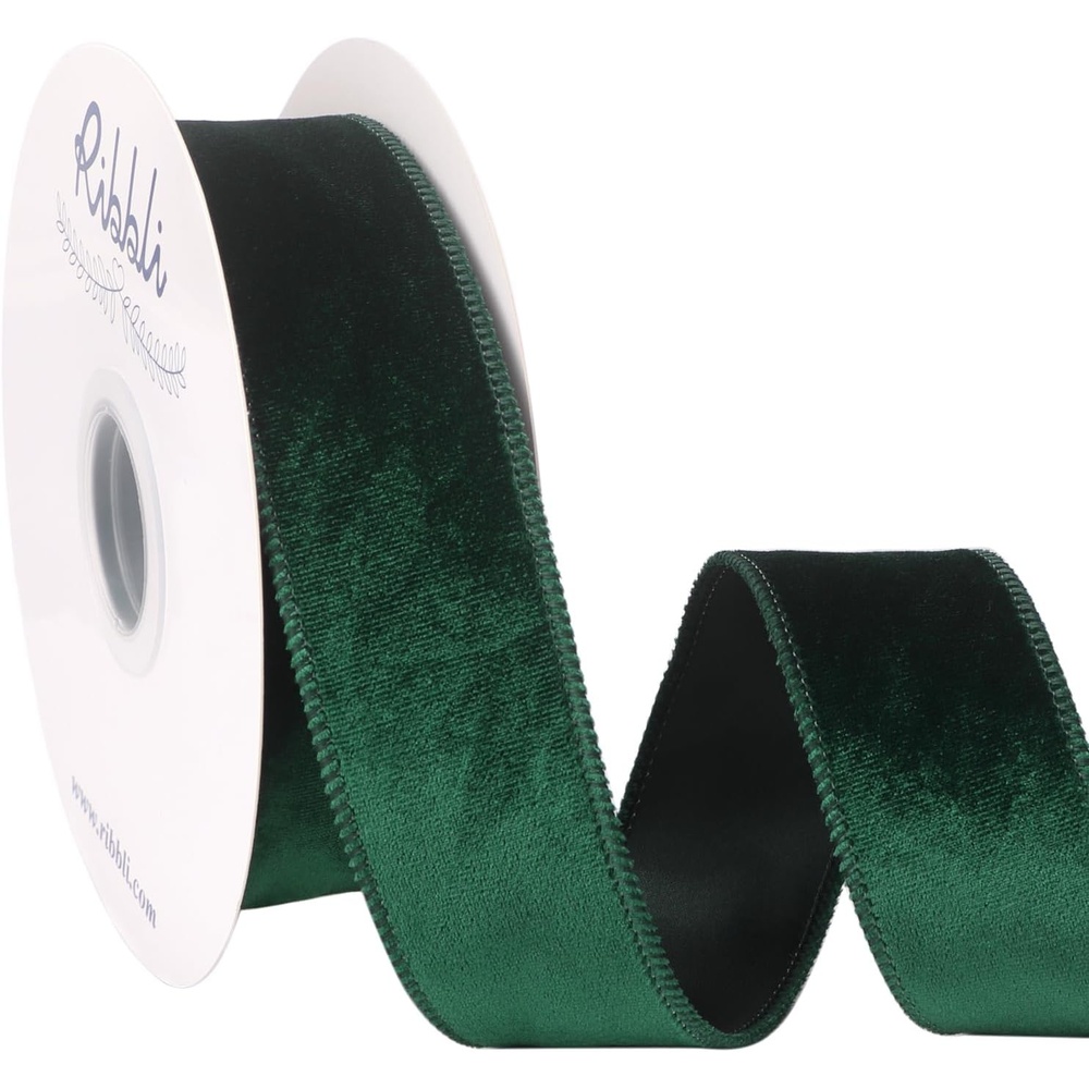 Ribbli Dusty Green Velvet Wired Ribbon 4 Inch Sage Velvet with Satin Christmas Ribbon for Gift Wrapping Christmas Tree Decoration Crafts Wreaths Supplies-Continuous 10 Yards(Forest Green)