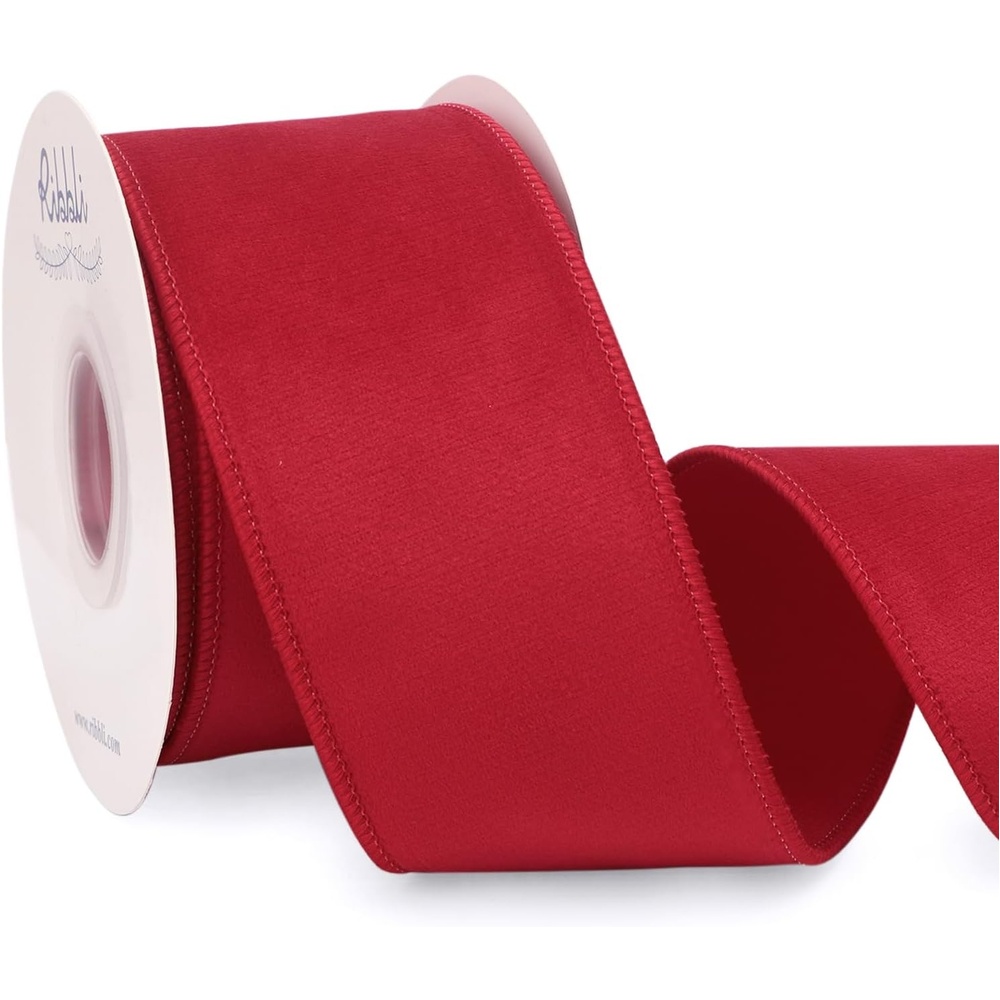 Ribbli Sage Green Velvet Wired Ribbon with Dupioni 4 Inch Christmas Ribbon for Gift Wrapping Christmas Tree Decoration Crafts Wreaths Supplies-Continuous 10 Yards(Red)