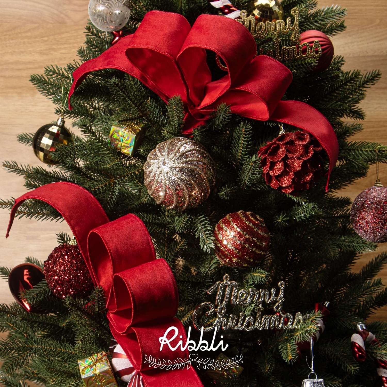 Ribbli Sage Green Velvet Wired Ribbon with Dupioni 4 Inch Christmas Ribbon for Gift Wrapping Christmas Tree Decoration Crafts Wreaths Supplies-Continuous 10 Yards(Red)