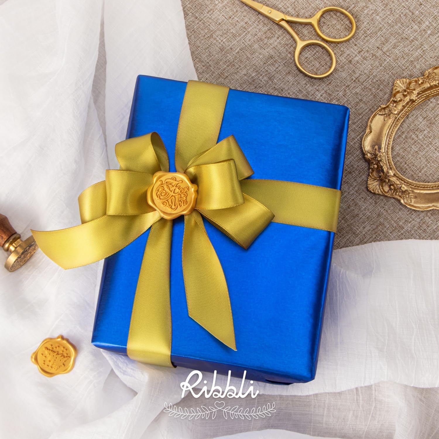 Ribbli Dusty Blue Satin Ribbon Double Faced Satin 1-1/2 Inch x Continuous 50 Yards-Blue Ribbon for Gift Wrapping Crafts Wedding Decoration Bows Bouquet Floral Arrangement(Gold)