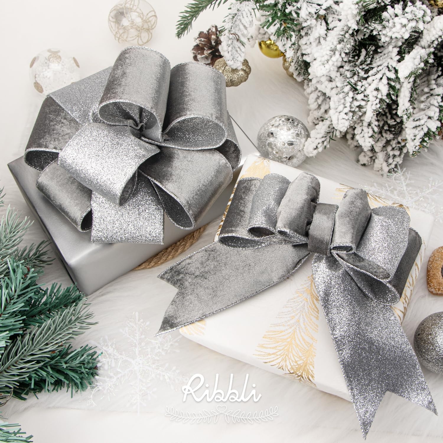 Ribbli Light Champagne Velvet Wired Ribbon 4 Inch Ivory Velvet with Champagne Glitter Christmas Ribbon for Christmas Tree Decoration Big Bow Gift Wrapping Crafts Wreaths Supplies- 10 Yards(Silver)