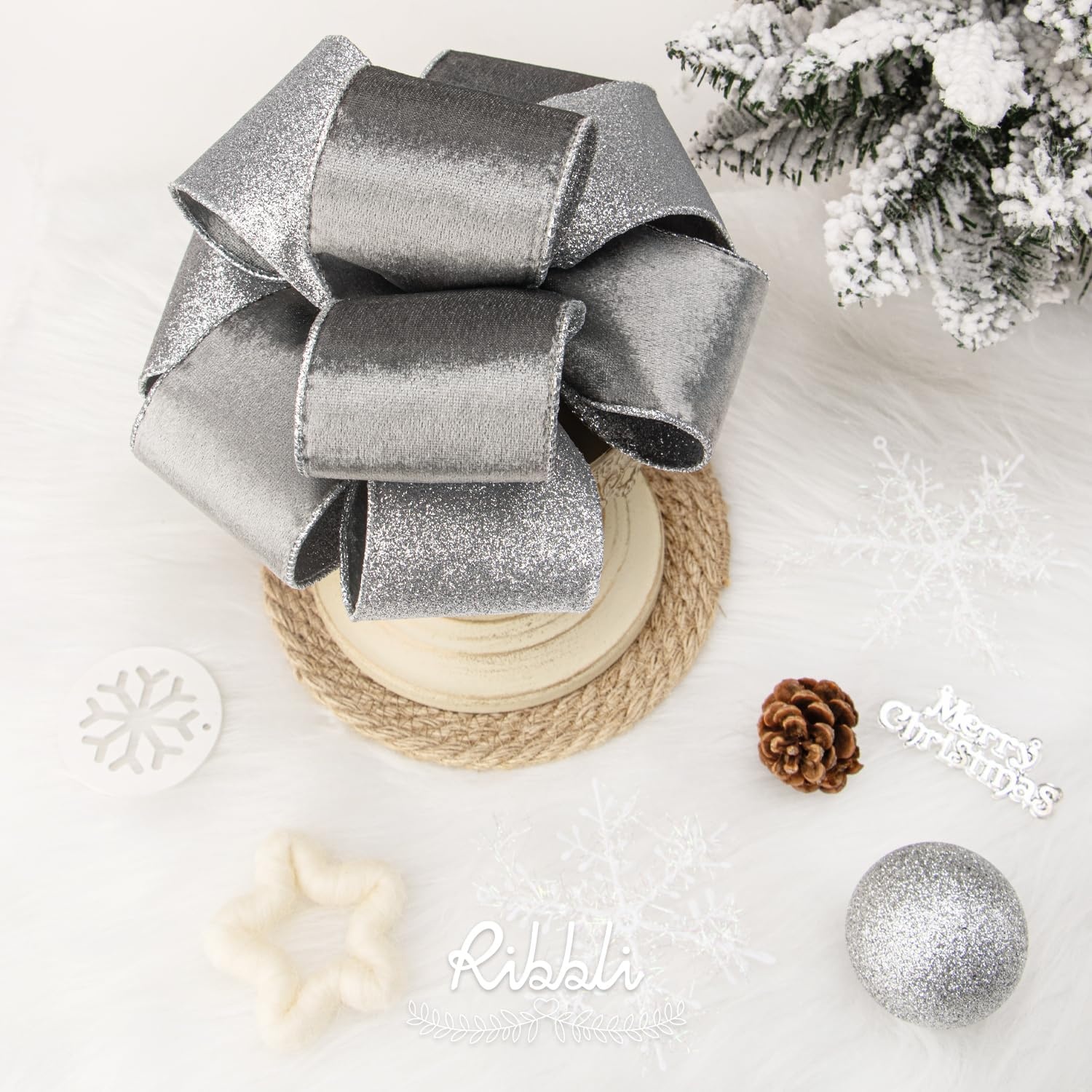 Ribbli Light Champagne Velvet Wired Ribbon 4 Inch Ivory Velvet with Champagne Glitter Christmas Ribbon for Christmas Tree Decoration Big Bow Gift Wrapping Crafts Wreaths Supplies- 10 Yards(Silver)