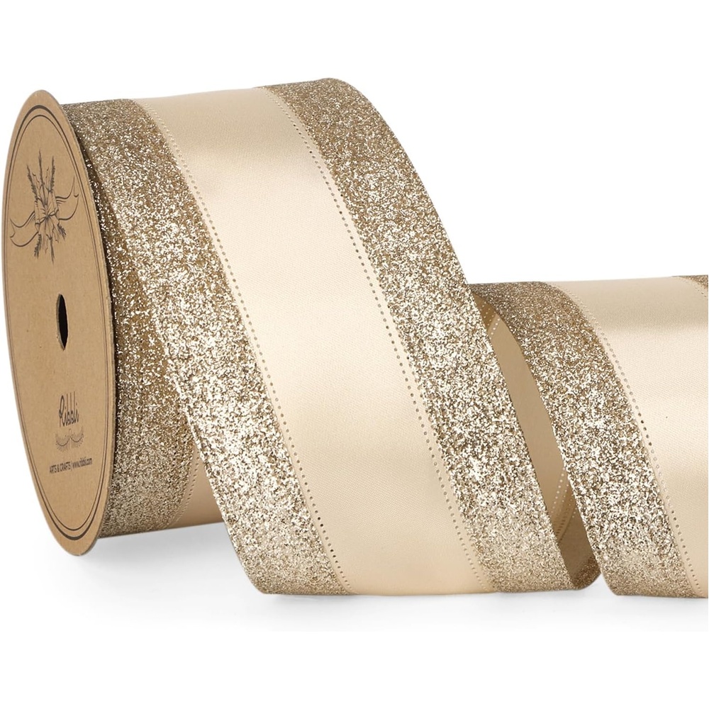Ribbli Champagne Gold Wired Ribbon Satin with Glitter Edge 2.5 Inch Champagne Christmas Ribbon for Tree Gift Wrapping Wreaths Garland Topper Bows Crafts Home Decor -10 Yards(Champagne Gold)