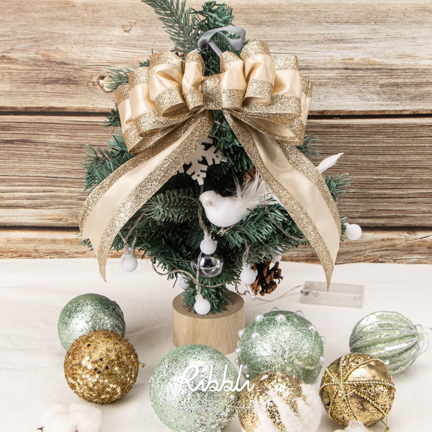 Ribbli Champagne Gold Wired Ribbon Satin with Glitter Edge 2.5 Inch Champagne Christmas Ribbon for Tree Gift Wrapping Wreaths Garland Topper Bows Crafts Home Decor -10 Yards(Champagne Gold)