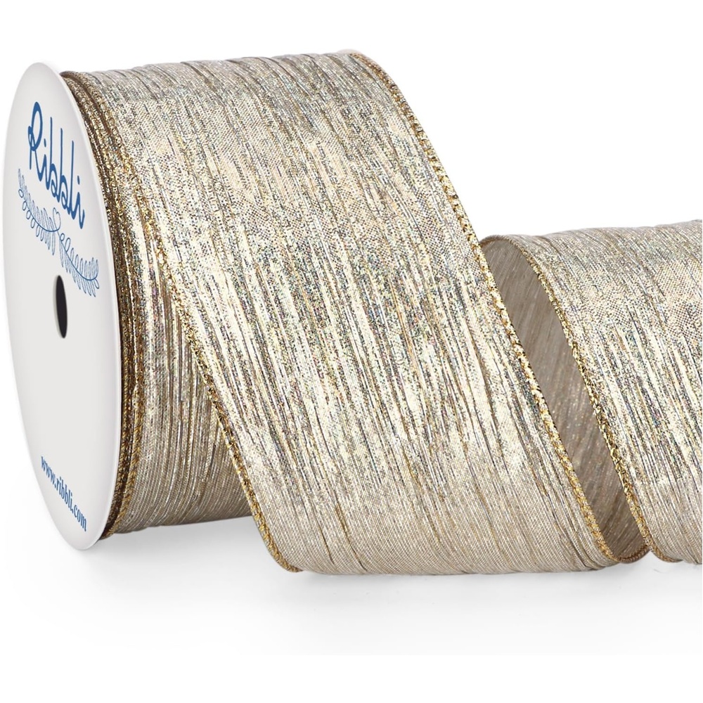 Ribbli Champagne Pink Crinkled Wired Ribbon with Metallic Edge, Pink Christmas Ribbon for Garland, Wreaths,Topper Bow,Swags, Christmas Tree Decoration 2-1/2 Inch x 10 Yard(Champagne(Iridescent))