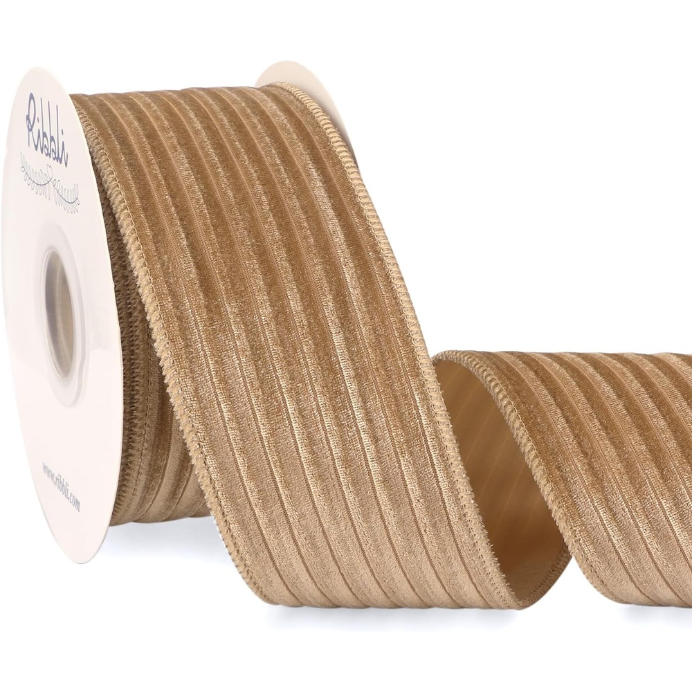 Ribbli Glossy Dusty Green Velvet Wired Ribbon 2.5 Inch Striped Velvet Christmas Ribbon for Gift Wrapping Christmas Tree Decoration Crafts Wreaths Supplies-Continuous 10 Yards(Khaki)