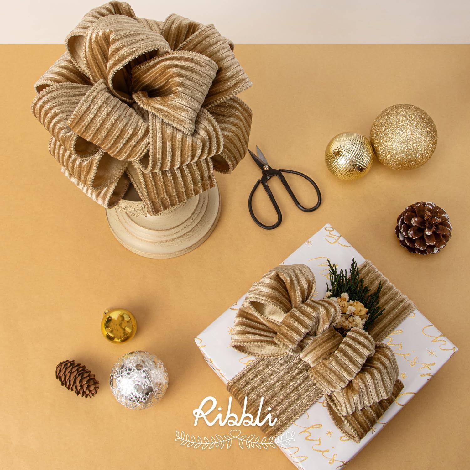 Ribbli Glossy Dusty Green Velvet Wired Ribbon 2.5 Inch Striped Velvet Christmas Ribbon for Gift Wrapping Christmas Tree Decoration Crafts Wreaths Supplies-Continuous 10 Yards(Khaki)