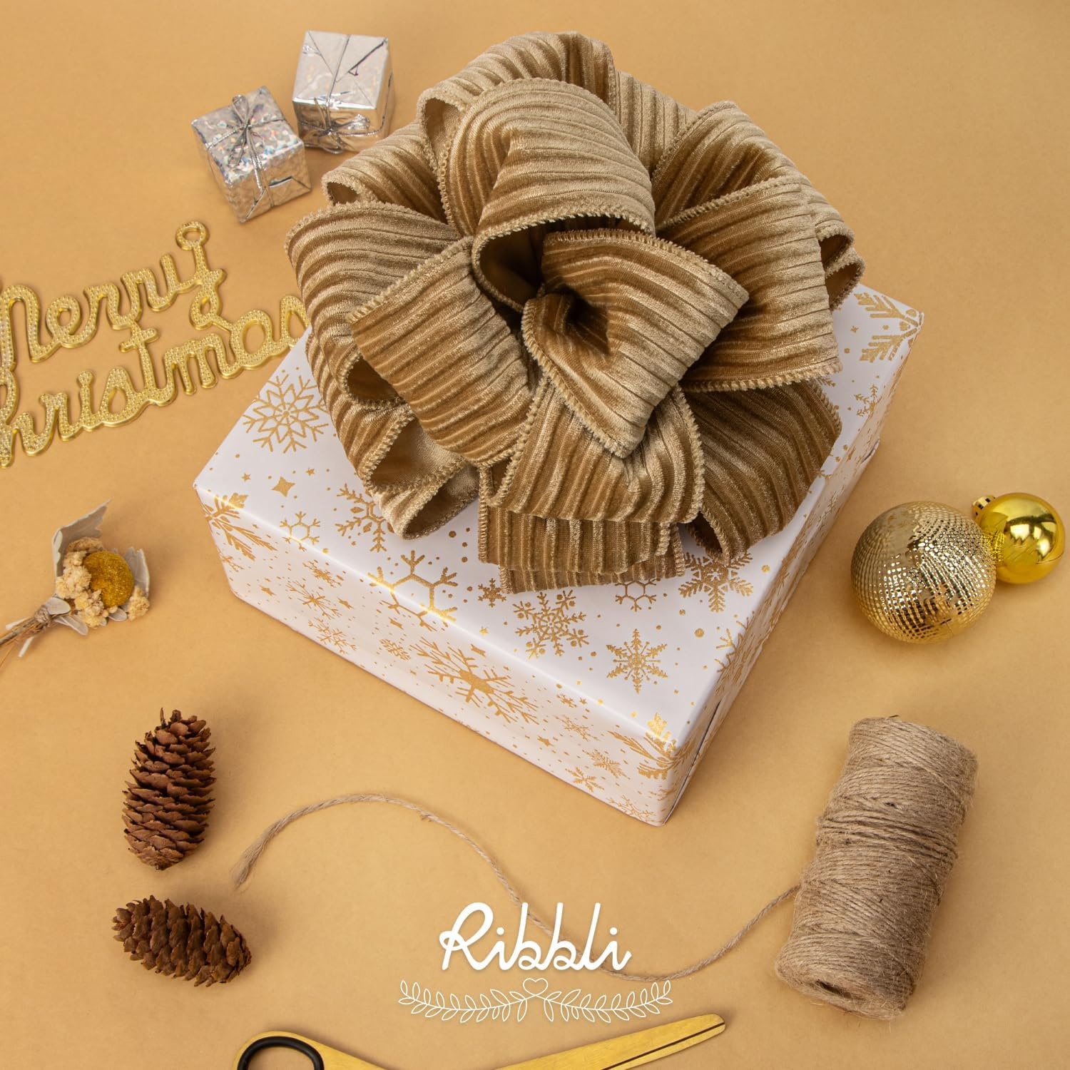Ribbli Glossy Dusty Green Velvet Wired Ribbon 2.5 Inch Striped Velvet Christmas Ribbon for Gift Wrapping Christmas Tree Decoration Crafts Wreaths Supplies-Continuous 10 Yards(Khaki)