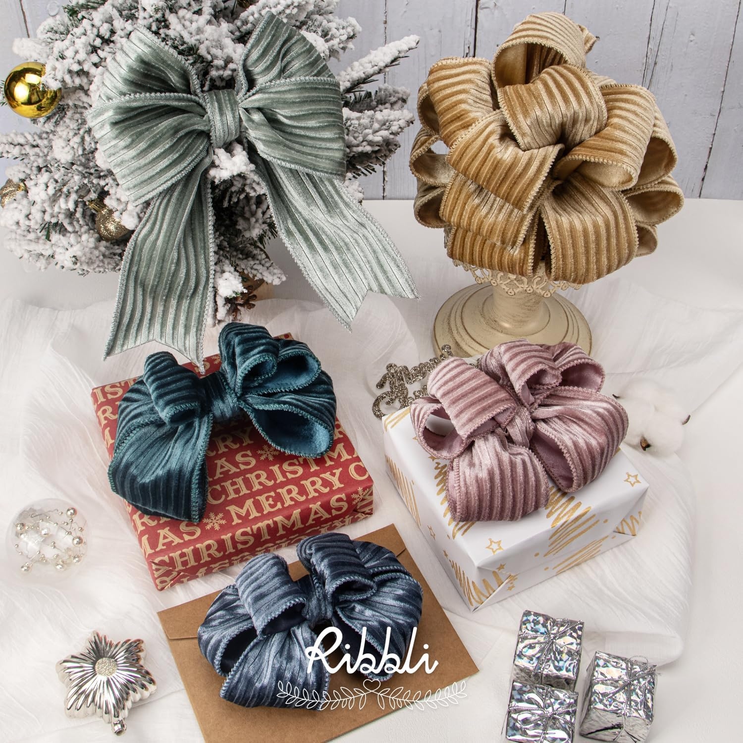 Ribbli Glossy Dusty Green Velvet Wired Ribbon 2.5 Inch Striped Velvet Christmas Ribbon for Gift Wrapping Christmas Tree Decoration Crafts Wreaths Supplies-Continuous 10 Yards(Khaki)