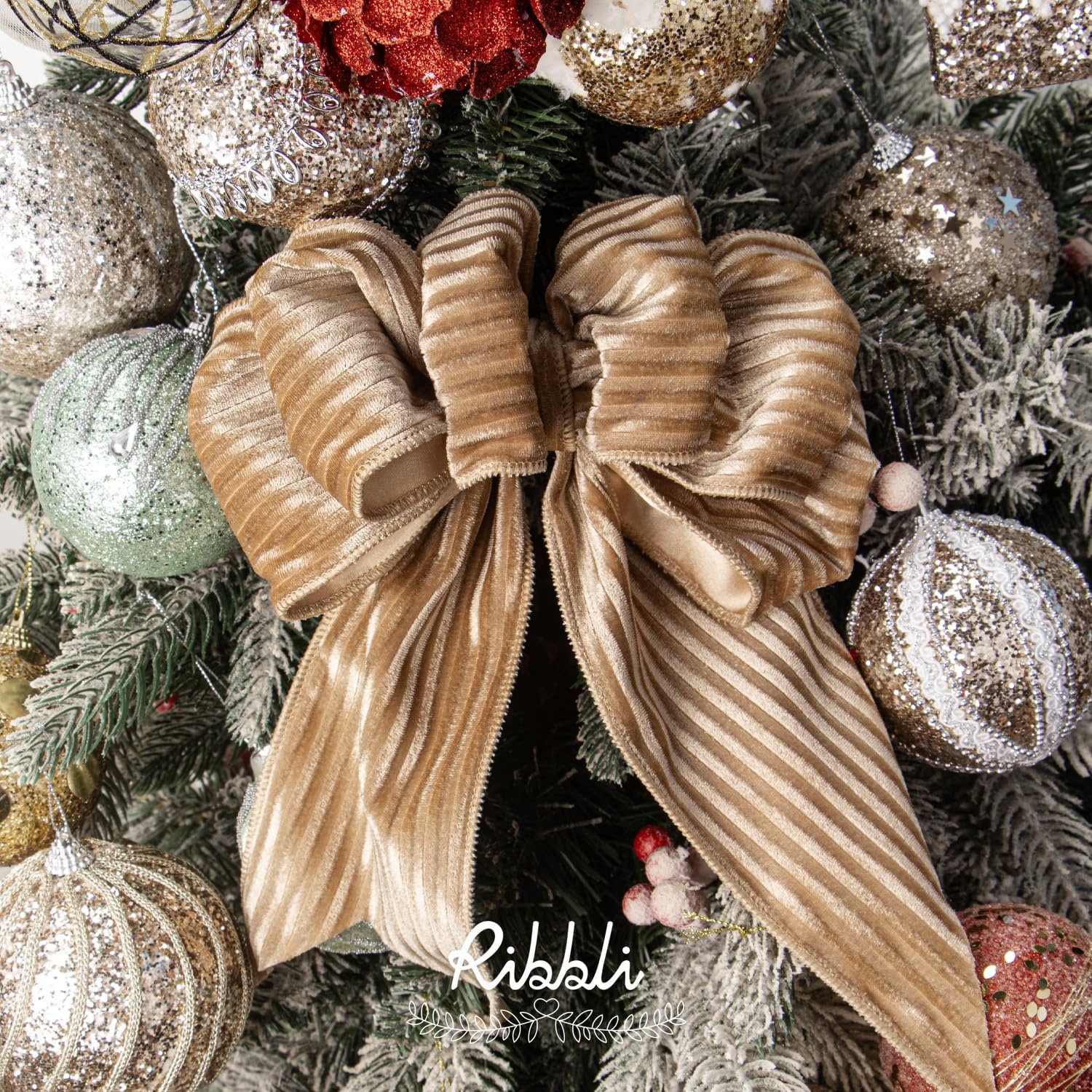Ribbli Glossy Dusty Green Velvet Wired Ribbon 2.5 Inch Striped Velvet Christmas Ribbon for Gift Wrapping Christmas Tree Decoration Crafts Wreaths Supplies-Continuous 10 Yards(Khaki)